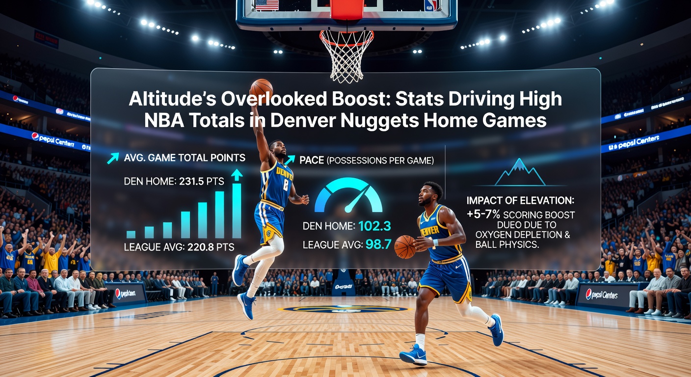 Close-up of Nikola Jokic and Nuggets teammates celebrating a high-scoring home win, with altitude meter graphic overlay showing 5280 feet