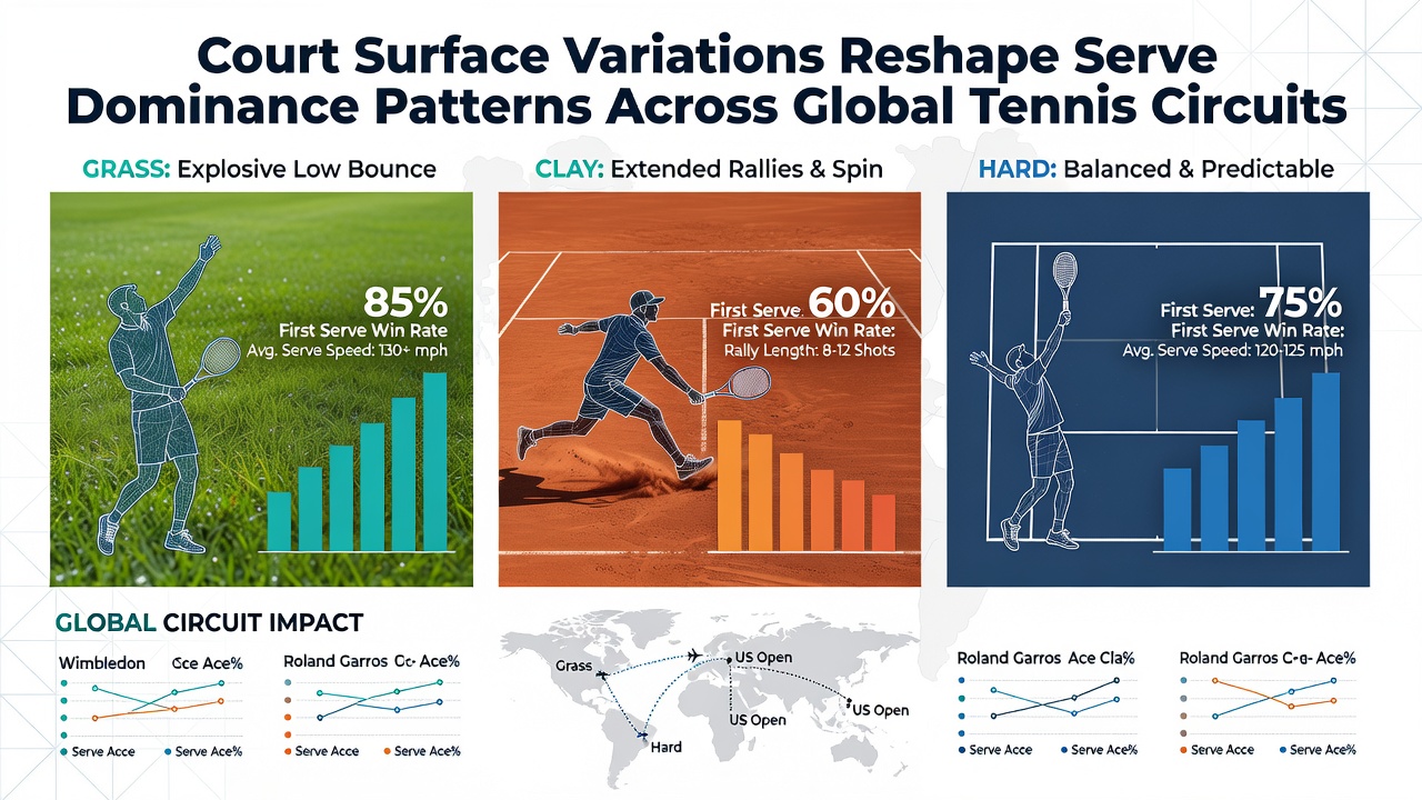 Players executing serves on different court surfaces during professional matches