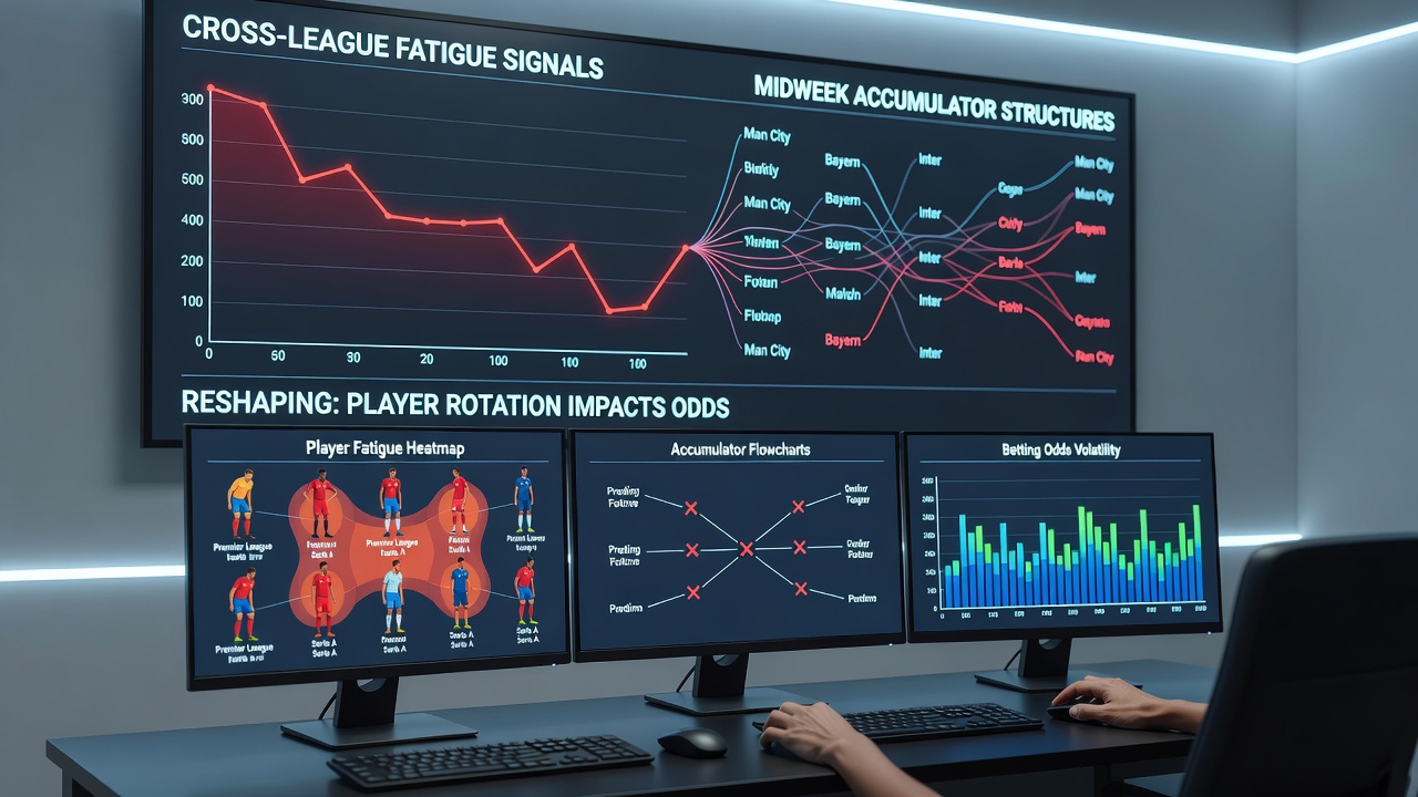 A detailed infographic showing midweek football schedule overlaps with fatigue metrics and accumulator bet adjustments