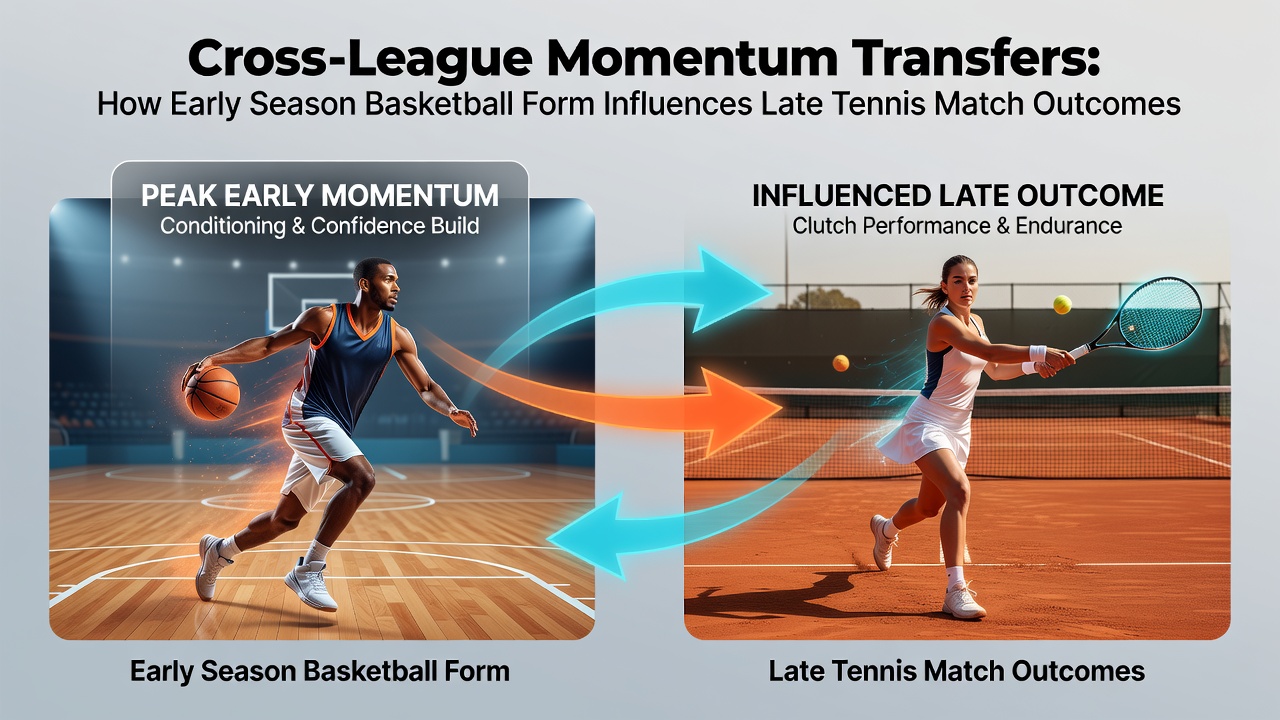 Tennis match point during late season with overlaid basketball statistics charts for momentum transfer research