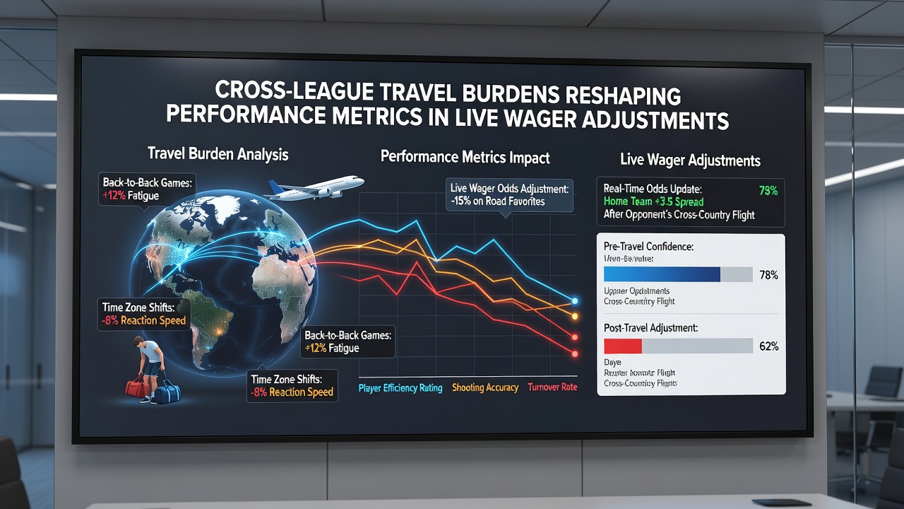 Coaches reviewing travel impact charts alongside live game statistics in a professional locker room