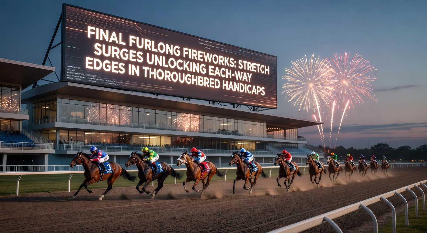Close-up of a jockey urging a late-closing thoroughbred in the stretch of a handicap, rivals fading ahead as the finish line nears