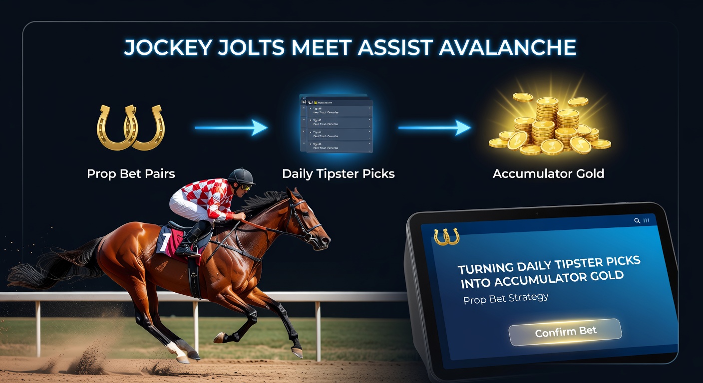 Visual of an accumulator bet slip showing paired prop wins from a jockey surge in horse racing and an NBA assist explosion, highlighting payout multipliers