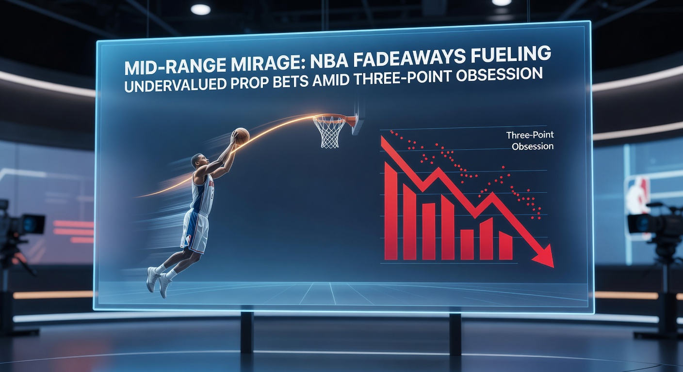 Close-up of a fadeaway shot in motion during an NBA playoff game, with stats overlay showing efficiency rates versus three-pointers