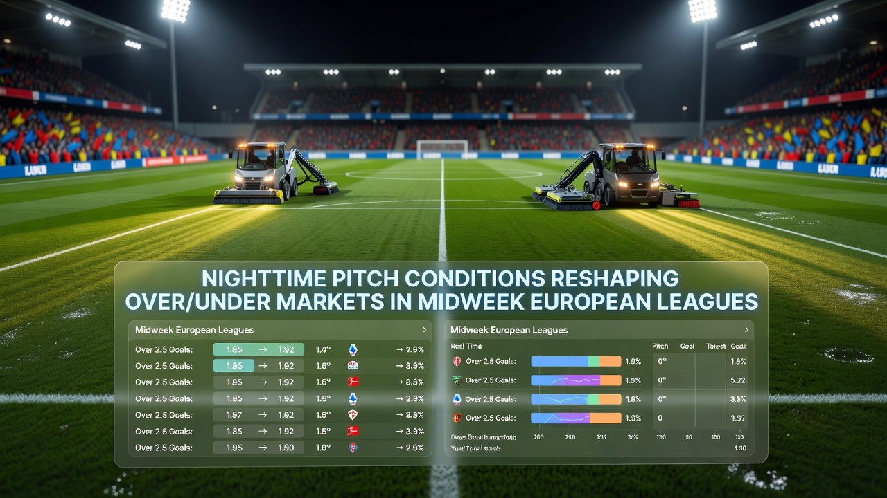 Close-up view of soccer pitch surface with visible moisture and player footprints under evening floodlights