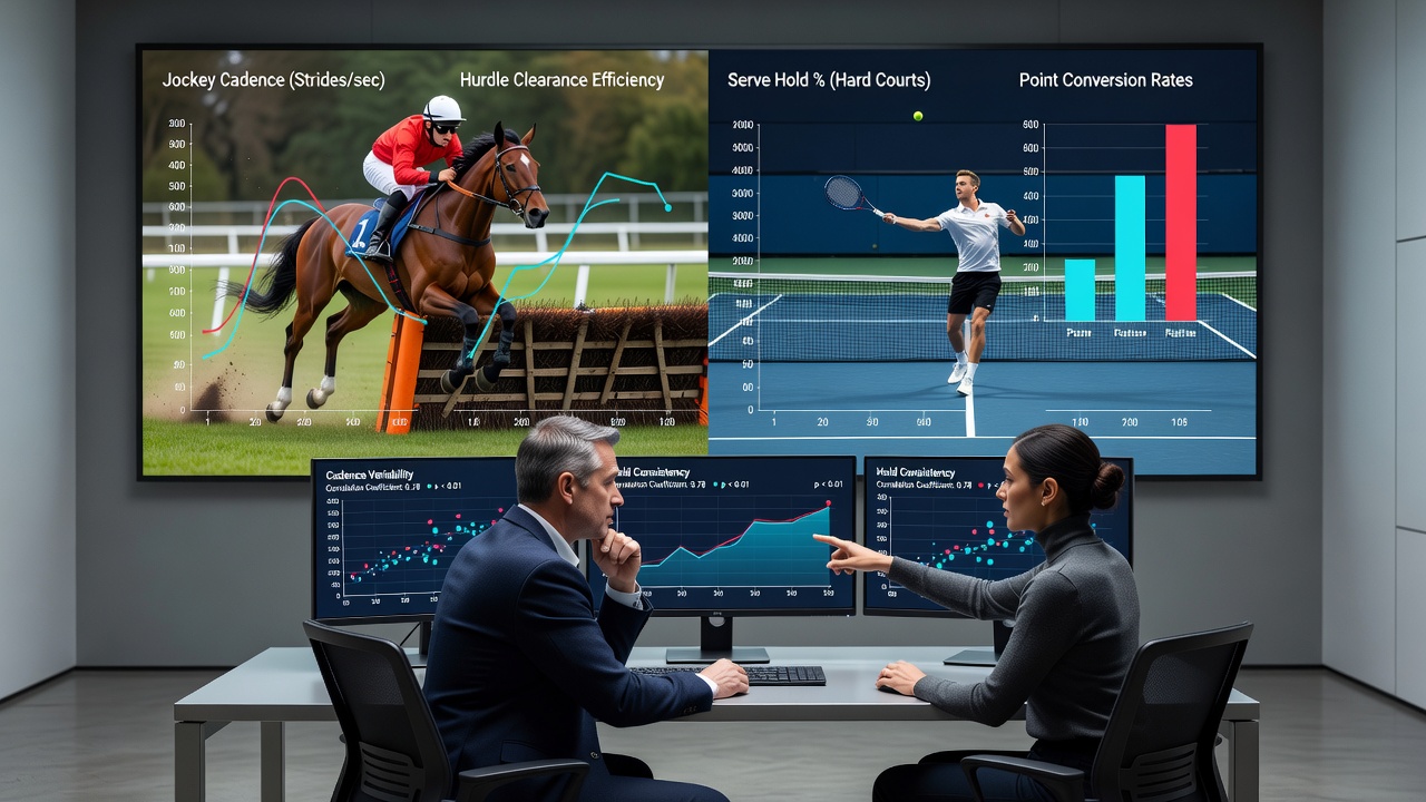Side-by-side data charts showing jockey cadence metrics next to tennis serve hold percentages