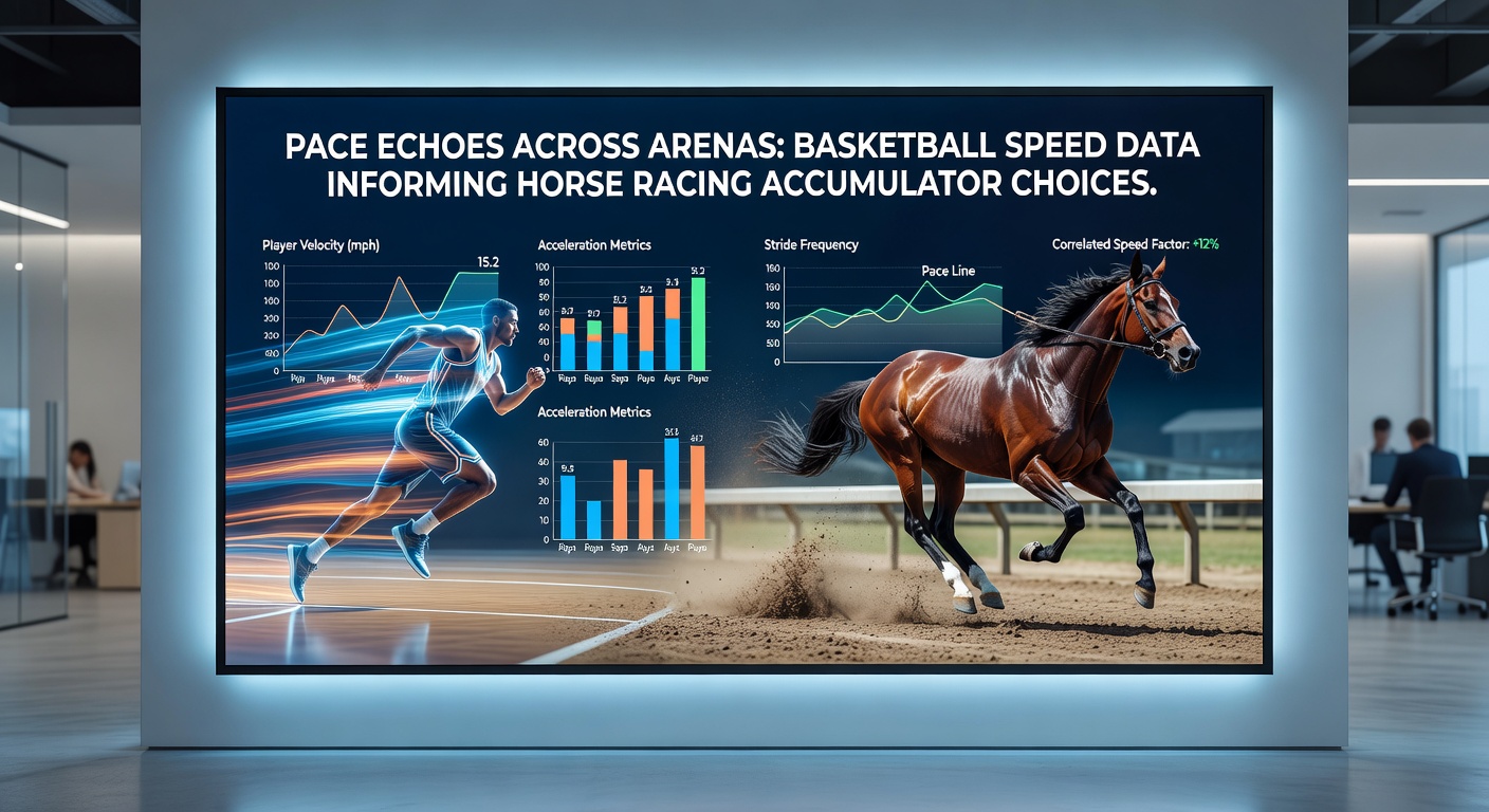 Horse race starting gate with speed fraction overlays beside basketball court pace graphics