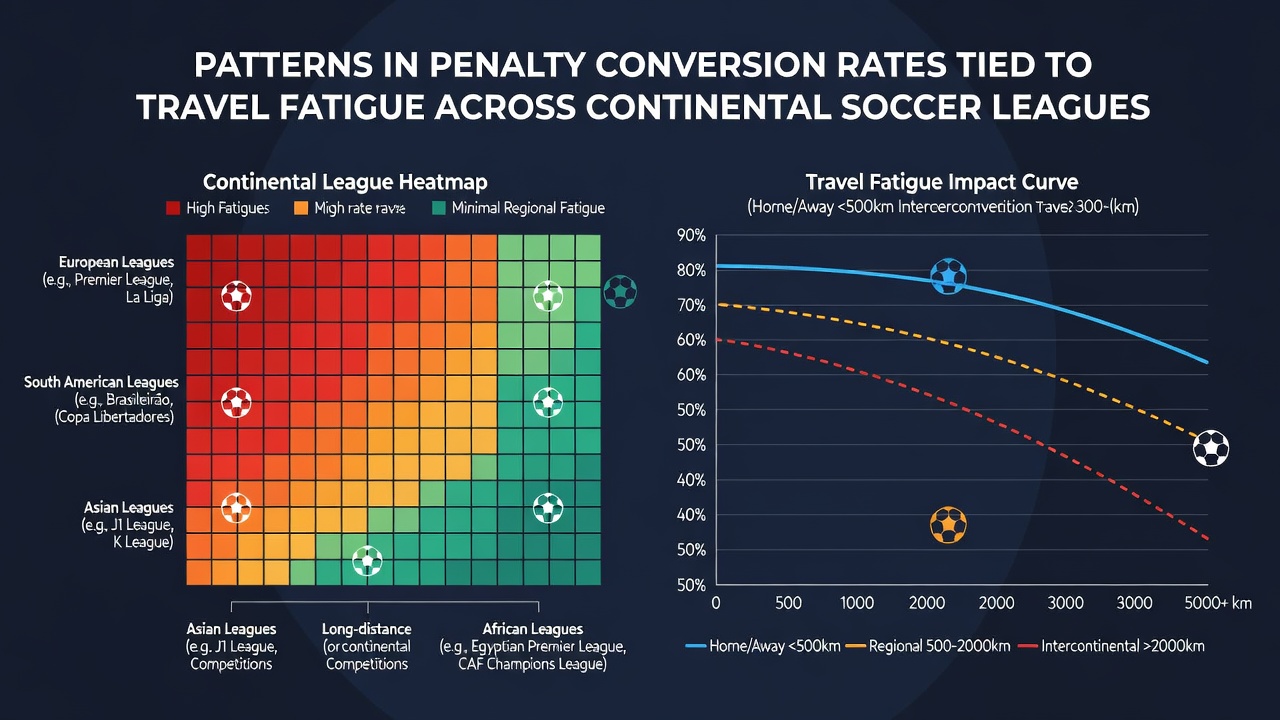 Chart displaying penalty conversion statistics correlated with travel distance in soccer leagues