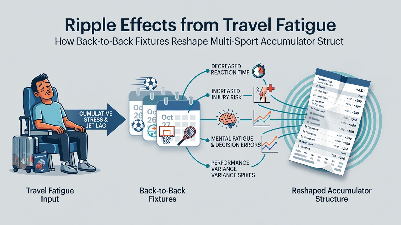 Chart displaying performance drops and accumulator payout adjustments due to travel fatigue in various sports leagues