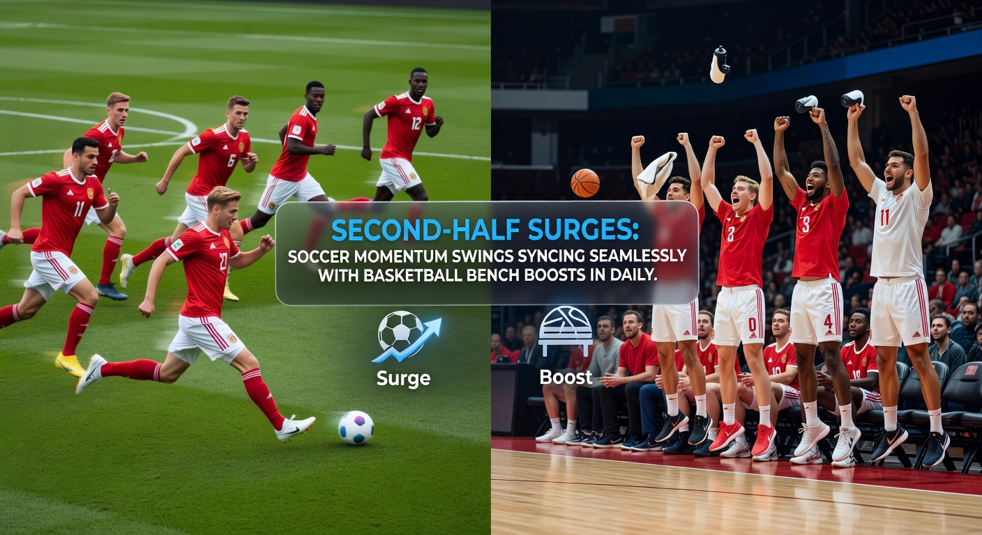 Split-image graphic showing soccer second-half goal celebration on left and NBA bench players high-fiving after a key run on right, illustrating synced betting momentum