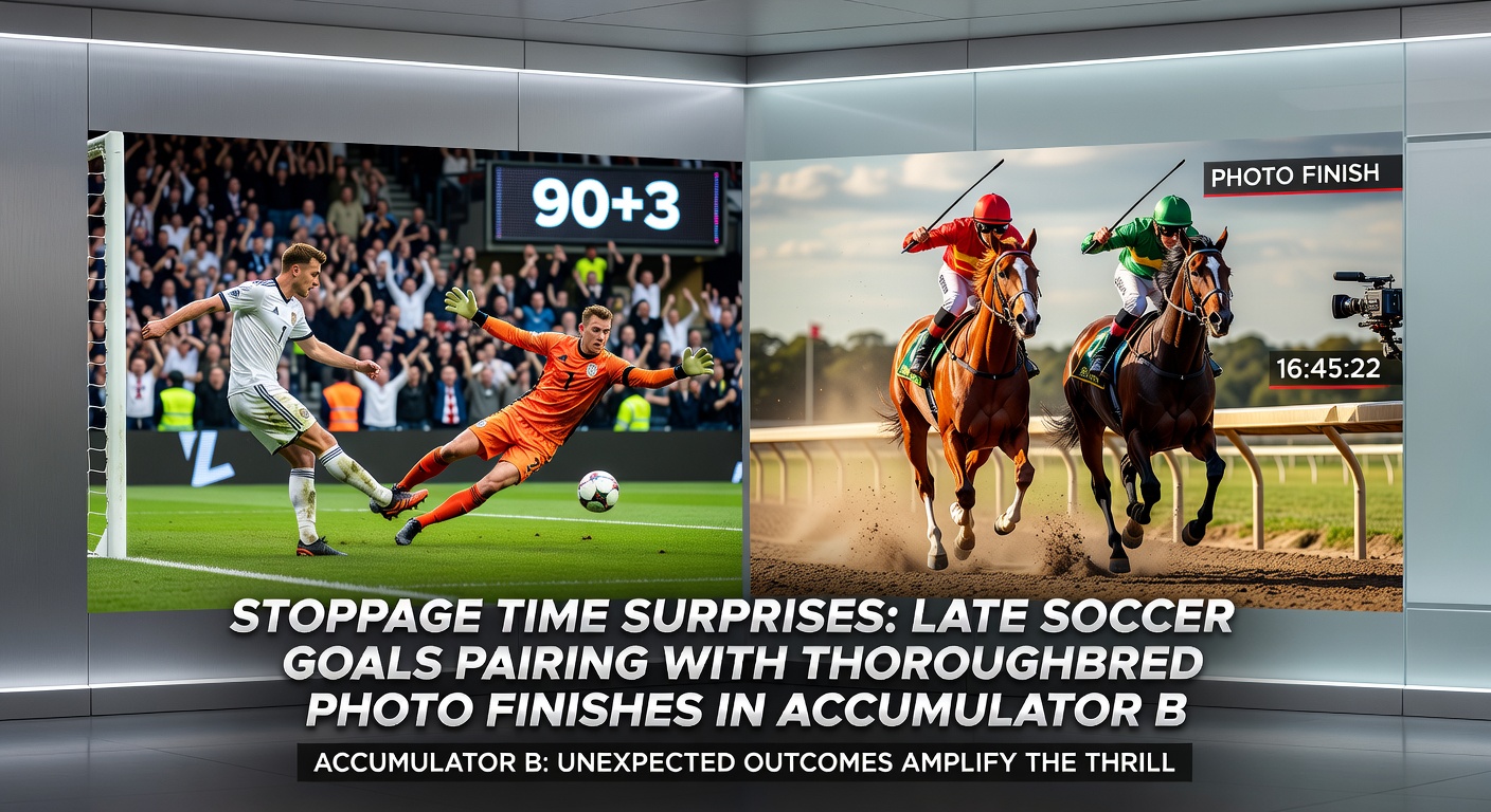 Split-image of a soccer player celebrating a stoppage-time winner and a jockey urging his mount in a tight thoroughbred photo finish, symbolizing accumulator bet drama