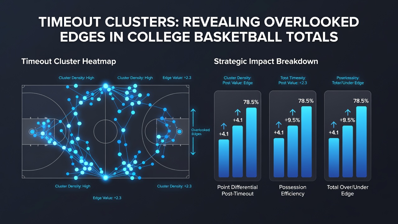 Detailed view of college basketball game clock and timeout indicators during a clustered sequence