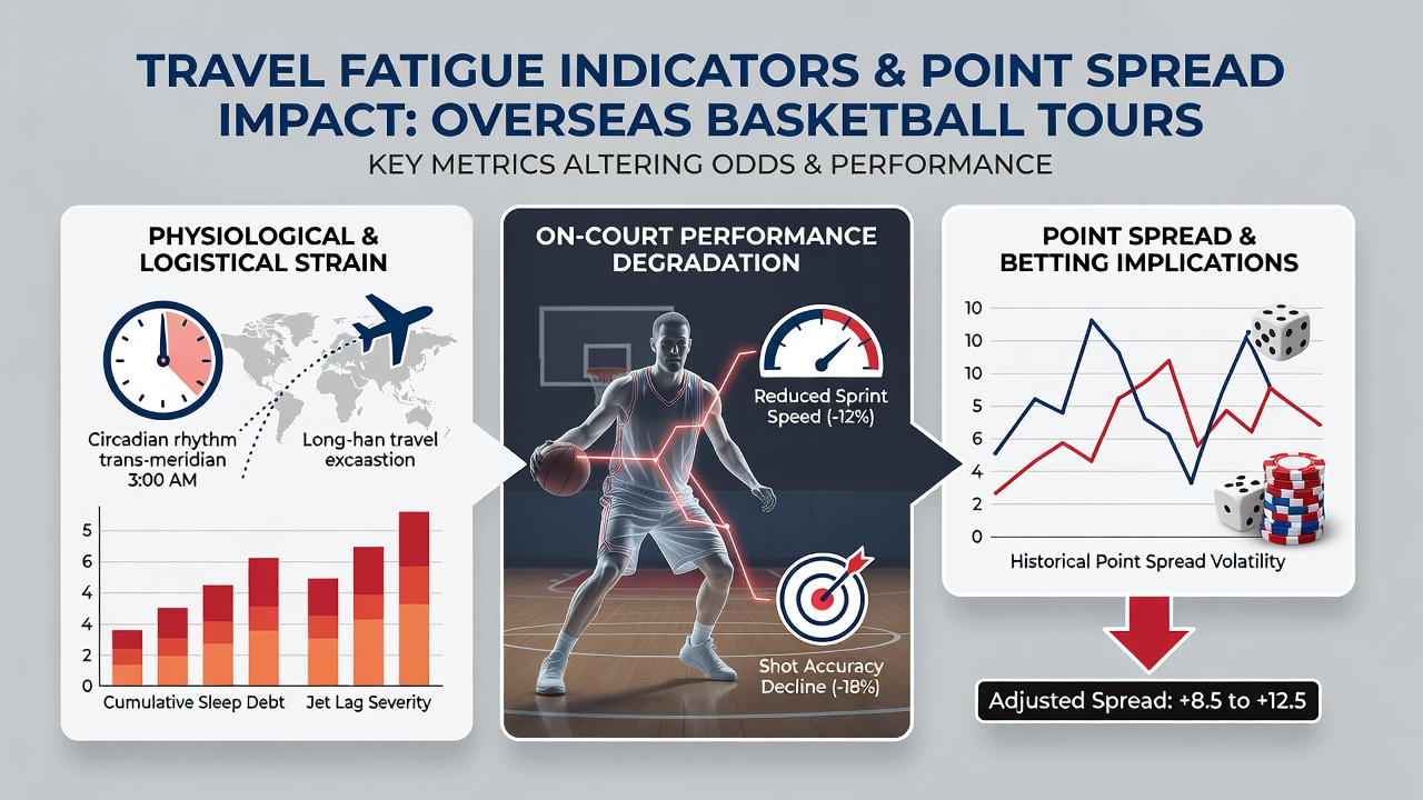 Overseas basketball court with travel schedule and performance data graphics