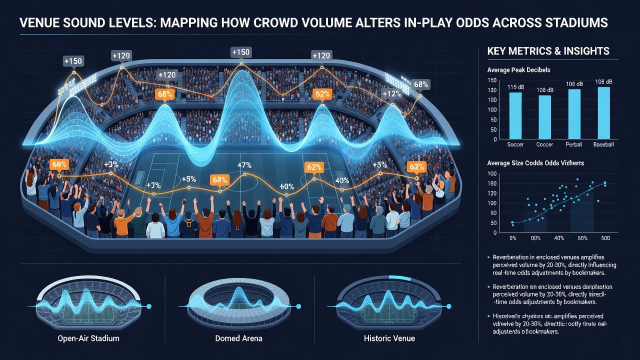 Acoustic mapping overlay showing sound pressure zones inside a packed stadium and corresponding betting market shifts
