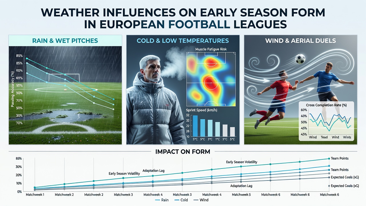 Players adapting to wet pitch conditions during an early season European league game